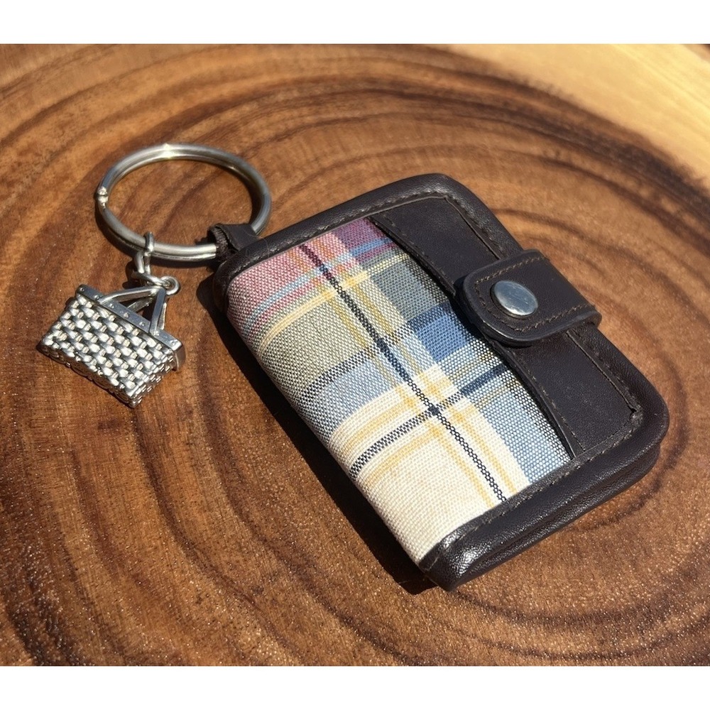 Longaberger Plaid Mini Wallet Coin Purse Keychain Basket Charm Leather Trim